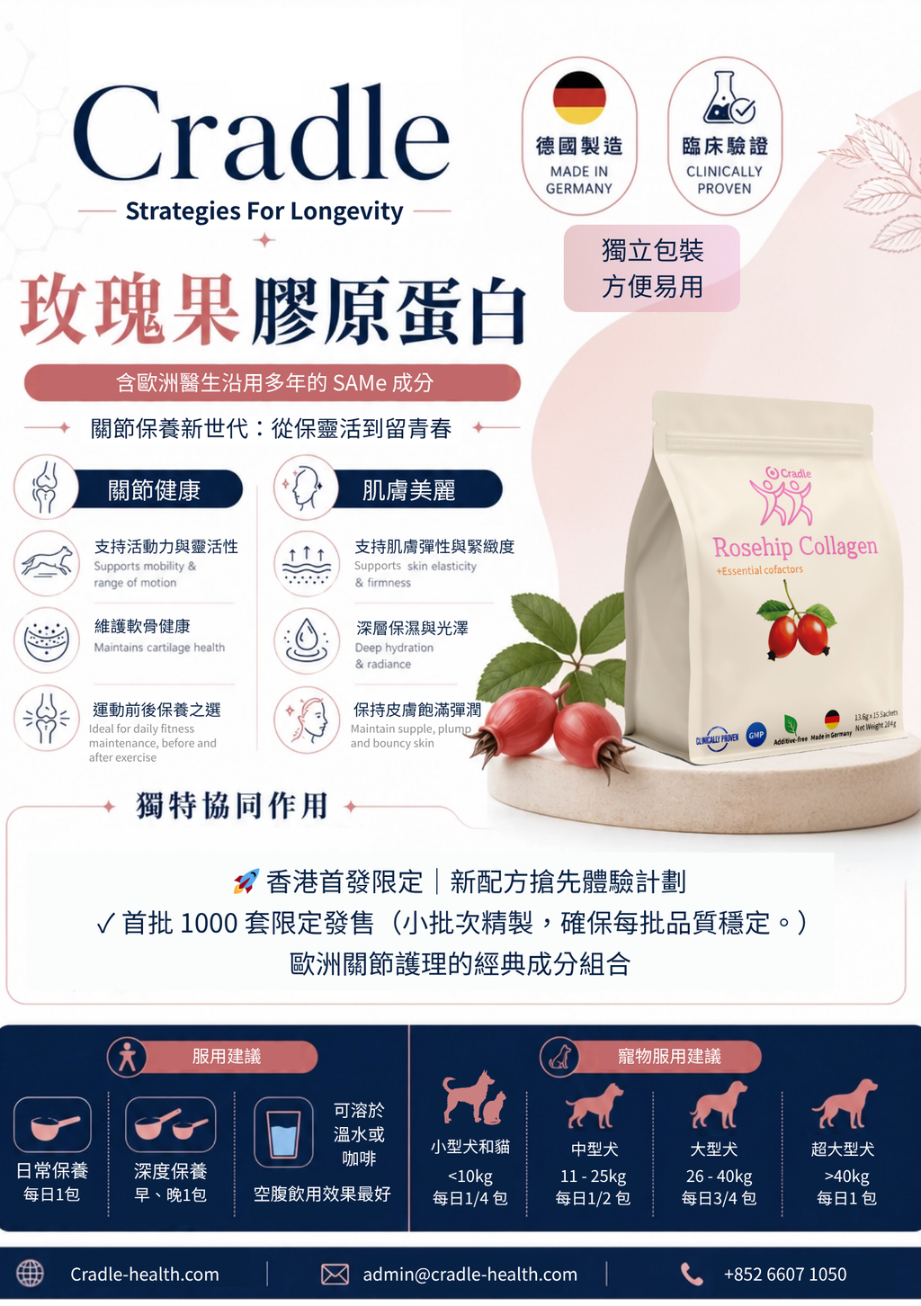 Cradle 玫瑰果膠原蛋白肽 | 15條/包 | 天然膠原補充方案 | 含歐洲醫生沿用多年的 SAMe 成分 |